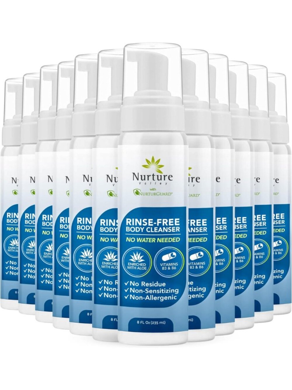 Waterless Foaming Body Cleanser with Aloe - 8oz Rinse-Free Wash, 12 Pack